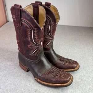 Western Cowboy Boots Mens 9 Square Toe Brown Genuine Leather Made in Mexico EUC